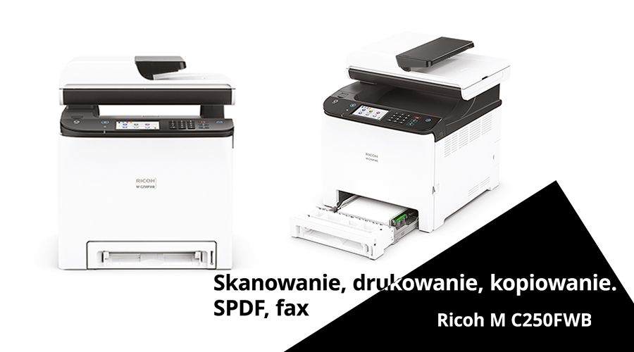 Kserokopiarka A4 - Ricoh M C250FWB. Skanowanie, kopiowanie, drukowanie, faks, SPDF.